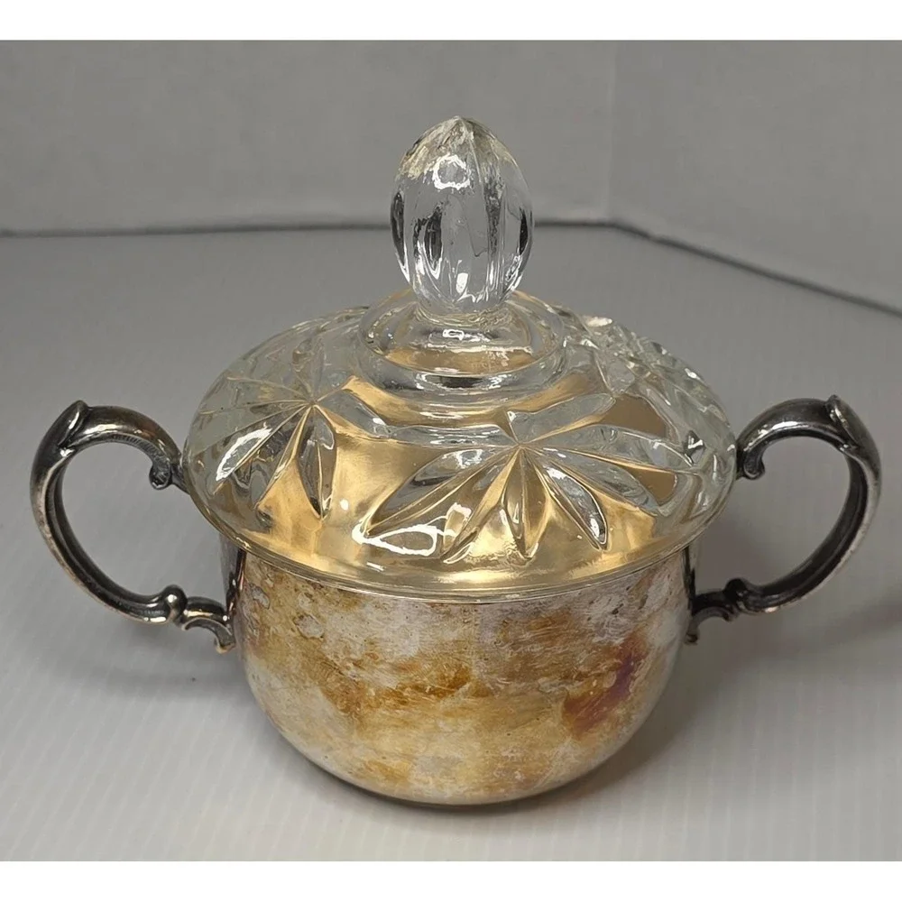 Sheridan Sugar Bowl OS Silver Fair Vintage Silver Plated Cut Glass‎ Lid